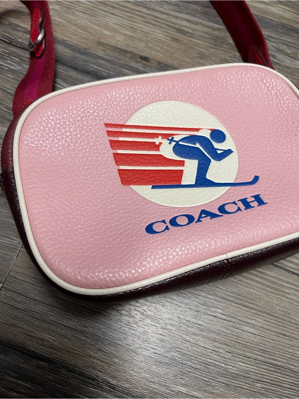 Coach Mini Jamie Camera Bag with Ski Speed Graphic in Powder Pink Wine Multi